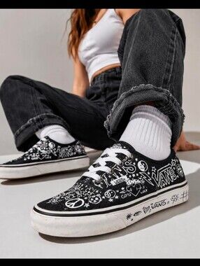 Vans Graffiti Doodle Peace Love Black Cat Skater Sneakers Shoes Women 6.5 Men 5
